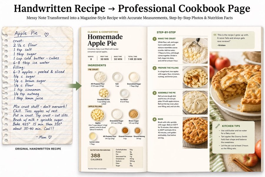 Handwritten Recipe → Professional Cookbook Page Upload a messy handwritten family recipe; the model searches for accurate modern measurements/nutrition, then generates a polished, magazine-style double-page spread with step-by-step flat lays, perfect ingredient labels, and calorie breakdowns.