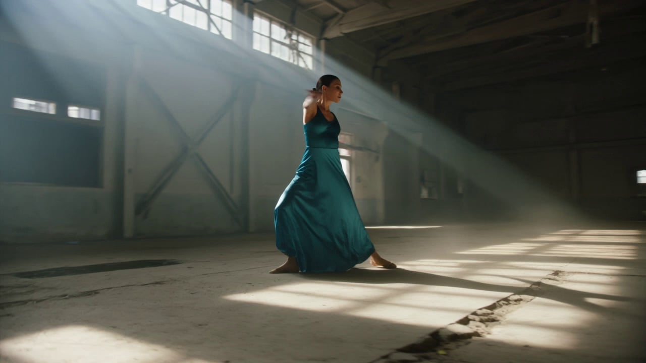 A solo contemporary dancer in fluid silk attire executing sharp, expressive movements and a controlled pirouette amidst a cavernous abandoned industrial warehouse with cracked concrete floors; dust particles kick up and swirl in the air in slow motion. A dynamic 360-degree orbital gimbal shot circles the dancer at mid-range before transitioning into a low-angle tracking shot. Intense volumetric light rays stream through high clerestory windows, creating high-contrast shadows and illuminating suspended atmospheric haze. Cinematic 4K, 60fps slowed to 24fps for fluid motion, shallow depth of field with sharp focus on the dancer’s form, gritty industrial aesthetic with a teal and amber color grade.