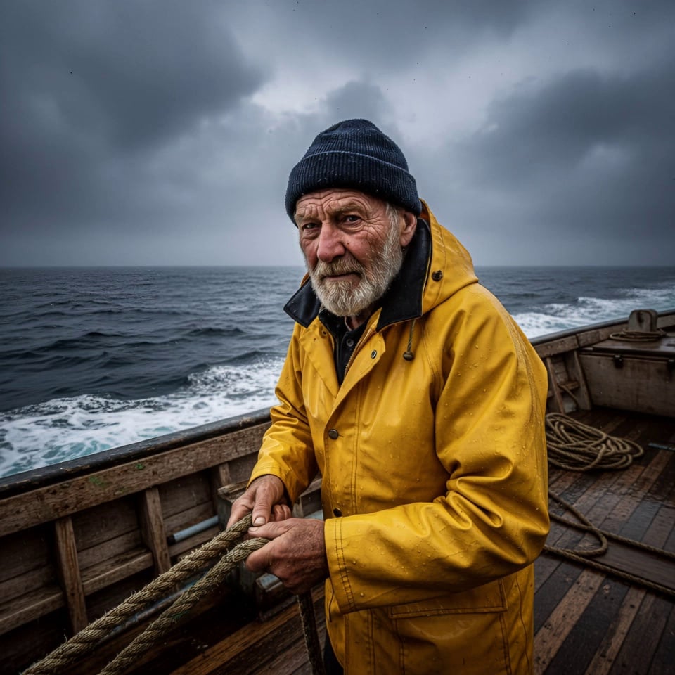 Weathered elderly fisherman in a dripping yellow raincoat and blue beanie firmly pulling a thick nautical rope; his white beard and coat hood whip violently in the gale while rain and sea spray glisten on his rugged skin. A low-angle handheld camera with realistic sea-toss shake slowly tracks toward his face, capturing the intense grit in his expression as he squints against the wind. In the background, massive dark ocean waves crash over the wooden deck under a turbulent, fast-moving stormy sky. 4k, 60fps, slow motion, motion blur, highly detailed, realistic texture, cinematic color grading, volumetric lighting, photorealistic.
