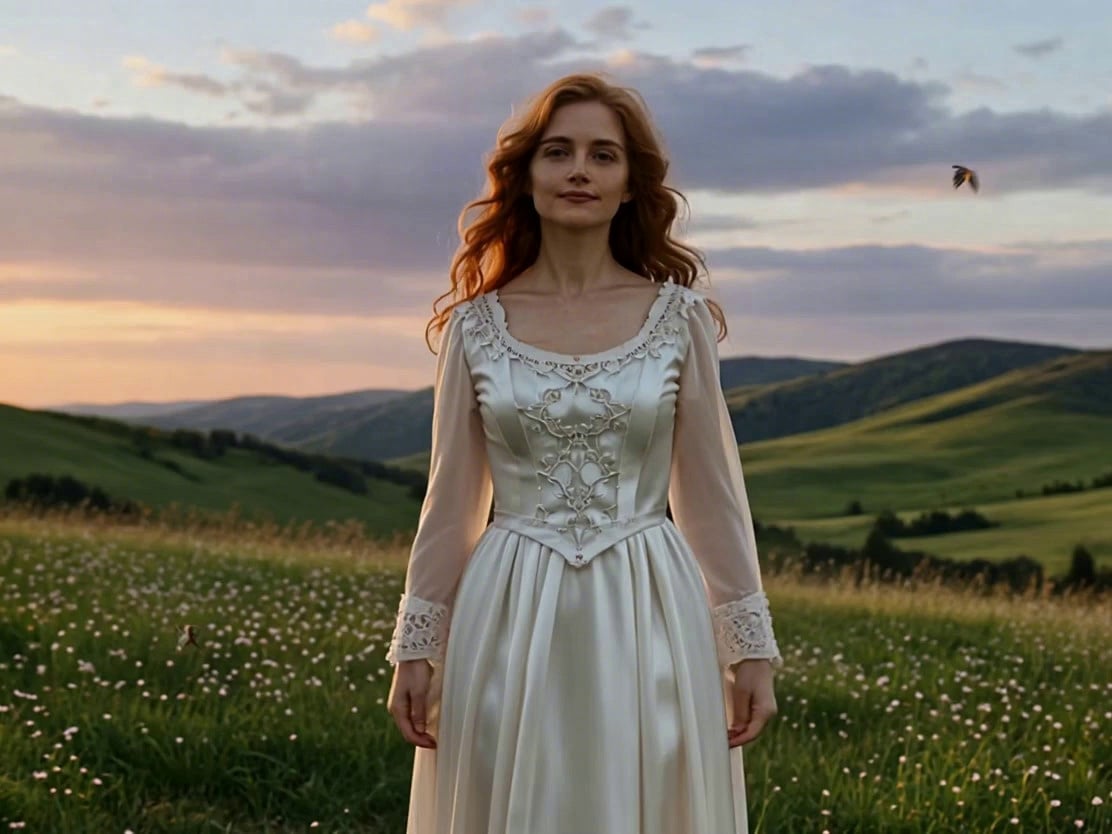A detailed scene featuring a young woman with long, flowing auburn hair and fair skin, wearing a elegant white silk dress adorned with delicate lace embroidery, standing gracefully on a lush green meadow during golden hour at sunset. She gently lifts her arms, causing the fabric to ripple softly in the gentle breeze, with a serene expression on her face as she twirls slowly, her dress swirling around her ankles. The background showcases a vivid sky painted with warm orange, pink, and purple hues, with distant rolling hills and scattered wildflowers adding depth. Soft sunlight casts warm highlights on her face and dress, creating delicate shadow patterns, while a few butterflies flutter nearby, enhancing the peaceful, romantic atmosphere. The scene is rendered in a cinematic, realistic style, in 4K resolution, with subtle slow-motion capturing the flowing movement of her dress and hair, conveying a sense of tranquility and elegance.
