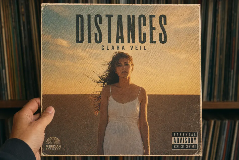 Transform this into a vinyl album cover. Add a bold album title "DISTANCES" in a clean condensed sans-serif across the top. Artist name "CLARA VEIL" in smaller type below it. A parental advisory sticker in the bottom right corner. The image gains a slight halftone print texture and the colors shift toward faded vintage tones. Add a thin white border around the entire image like a physical print. A small record label logo in the bottom left corner reading "MERIDIAN RECORDS". It should look like you're holding an actual vinyl sleeve.