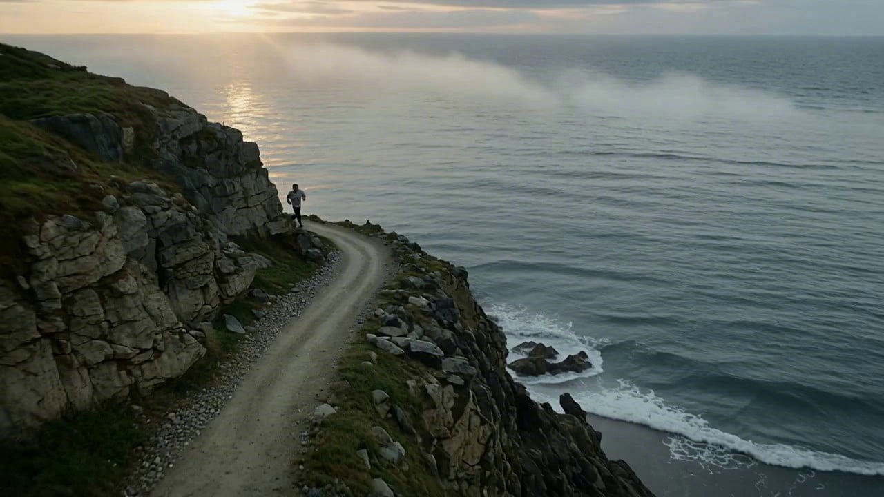 Shot 1 (establishing): Wide aerial of a quiet coastal cliff at sunrise, low fog rolling over the ocean, golden light breaking through thin clouds. A lone runner appears as a small silhouette on the winding path. Camera: smooth drone-like glide forward, slow and steady, cinematic pacing. Shot 2 (character): Medium tracking shot at ground level beside the runner, shoes crunching gravel, breath visible in the cool air, wind tugging at a lightweight jacket. Camera: gimbal-stable side-tracking, shallow depth of field, keep the runner’s face and jacket details consistent. Shot 3 (emotion): Close-up on the runner’s face—focused eyes, subtle micro-expressions, a quick swallow, determination building. Camera: gentle push-in, soft background bokeh, natural handheld micro-shake kept minimal. Shot 4 (end beat): The runner reaches the cliff overlook and slows to a stop; fog parts to reveal a vast sunlit ocean. The runner exhales and smiles slightly. Camera: slow tilt up from the runner to the horizon, hold for a calm finish. Style: photoreal live-action, natural sunrise lighting, filmic color grading, realistic wind and fabric motion, crisp facial detail. Continuity: same runner, same outfit, consistent sunrise direction and color temperature across shots; avoid warping, duplicate limbs, flicker, jump cuts, text overlays, logos.