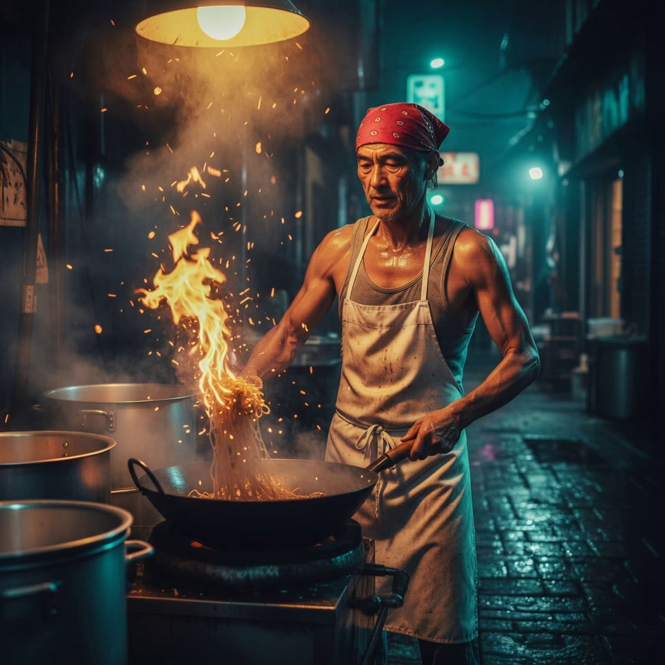 The grizzled veteran chef with glistening muscles vigorously tosses the wok, noodles caught in mid-air amidst a roaring plume of fire. Brilliant sparks and thick white steam swirl upward toward the warm overhead lamp. A slow-motion tracking shot pushes in on the intense action, capturing every bead of sweat and the flickering light on the chef's face. The gritty night market alley in the background features blurred flickering neon signs and shimmering wet cobblestones. 4k, 60fps, cinematic lighting, photorealistic, highly detailed, motion blur, slow motion.