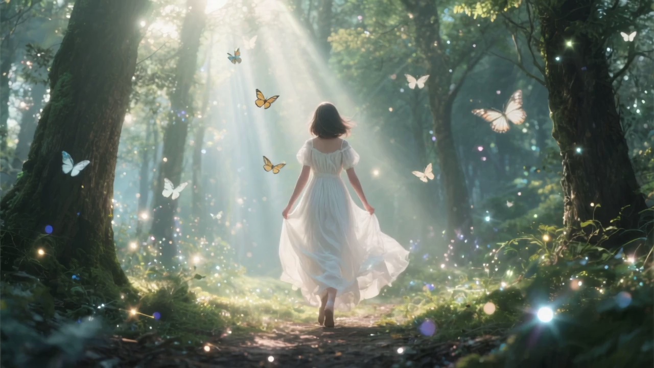 A girl in a flowing white dress walks through a glowing forest, sparkles float in the air, soft butterflies fly around her, sunbeams stream between the trees, magical and ethereal atmosphere, camera follows her fluidly from behind, vivid and imaginative style.