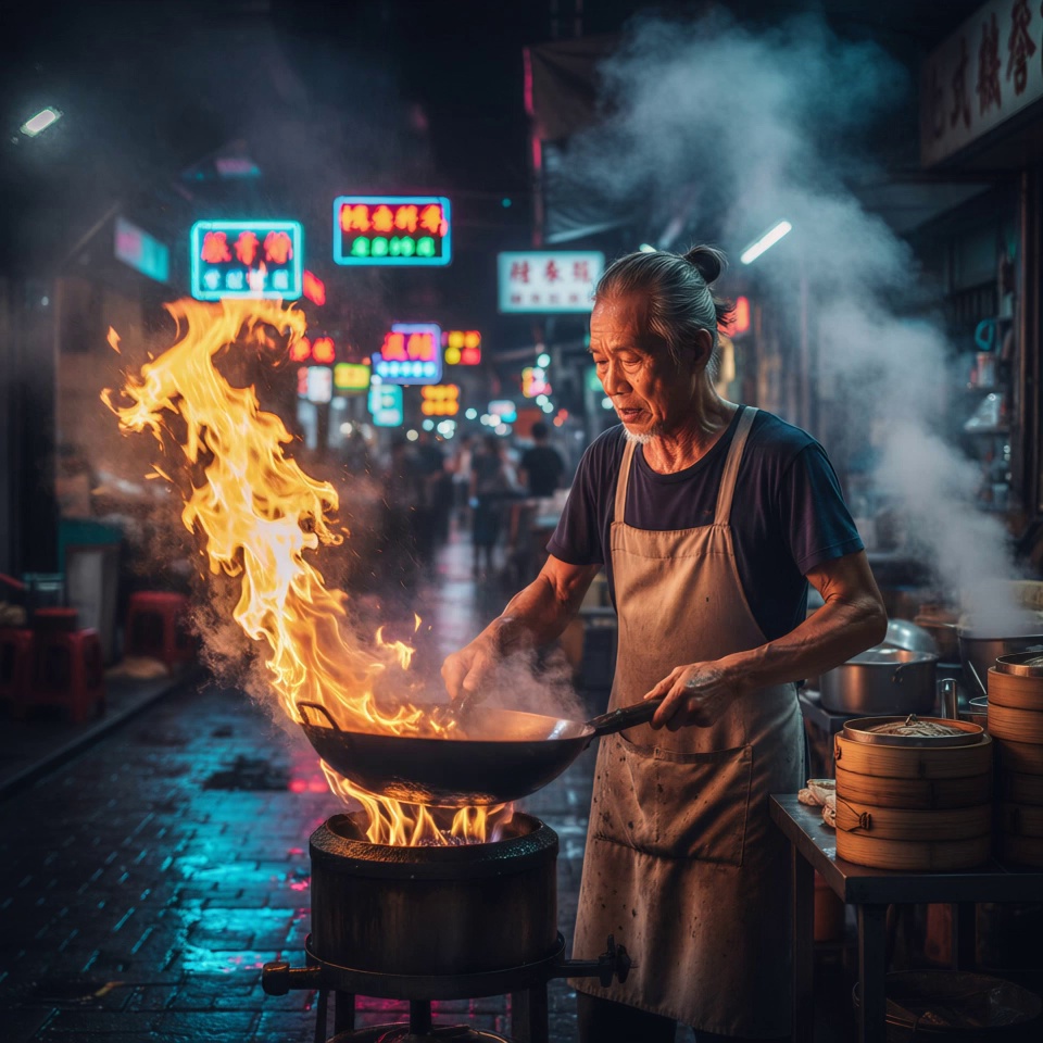 The elderly chef tosses the heavy wok with expert precision, causing massive orange flames to surge and dance violently upwards. Billowing white steam swirls around his focused face and rises rapidly from the stacked bamboo steamers. In the background, vibrant neon signs flicker and reflect on the rain-slicked pavement. The camera executes a low-angle slow zoom-in towards the chef’s intense expression, accompanied by a subtle cinematic handheld shake to capture the heat and energy. Volumetric lighting, photorealistic textures, 4k, 60fps, slow motion fire, cinematic color grading, highly detailed.