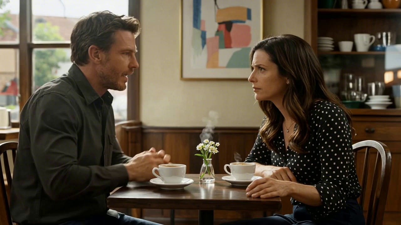 Create a cinematic live-action style scene set in a quiet café during late afternoon. A man and a woman sit across from each other at a small wooden table, engaged in a tense conversation.
The man speaks first, leaning forward slightly, his voice calm but serious. The woman responds with subtle hesitation, maintaining eye contact before glancing away briefly.
Use natural lip-synced dialogue for both speakers, with soft ambient café sounds in the background.
Camera starts with a medium two-shot, slowly pushes in toward a close-up as the conversation becomes more emotional.
Lighting is warm and natural, with sunlight filtering through the window. Maintain realistic facial expressions, smooth body movement, and clear audiovisual synchronization throughout the 8–10 second scene.