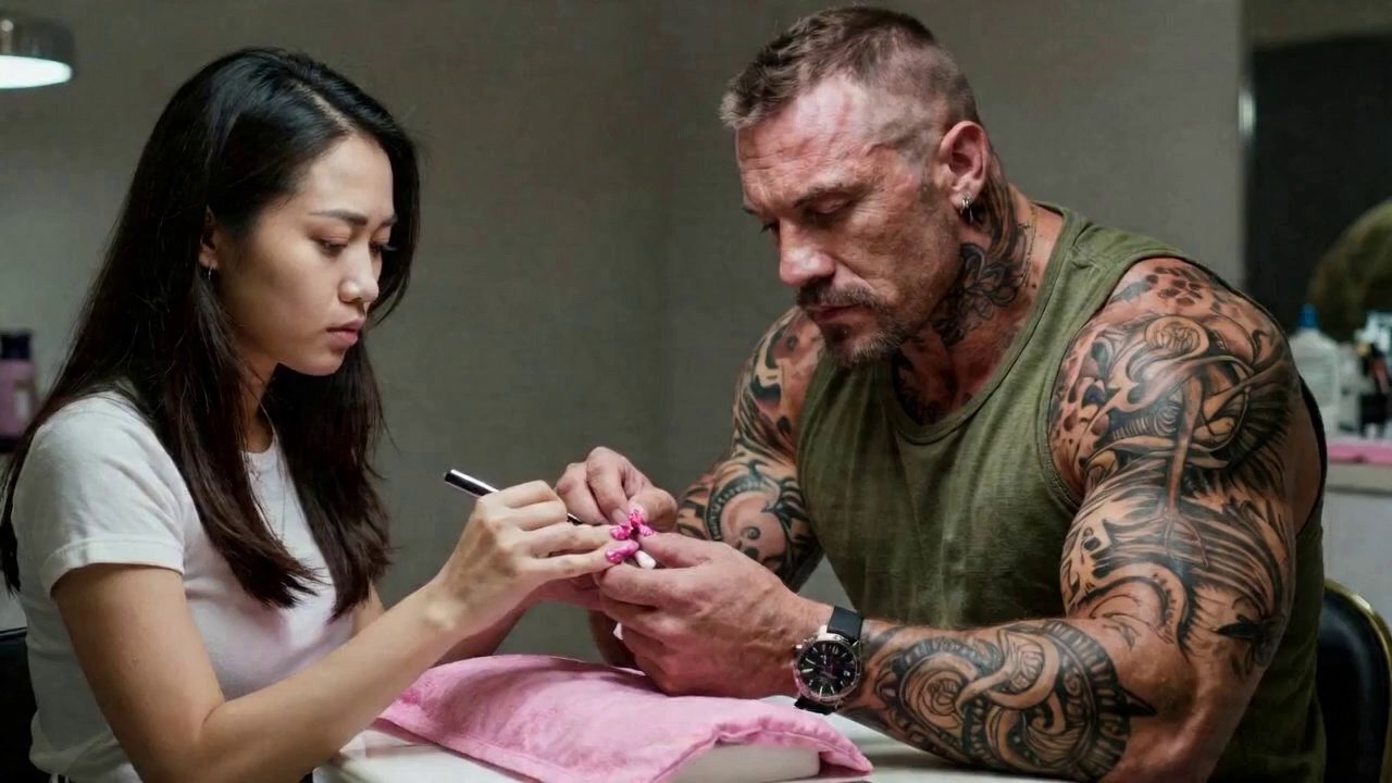 The nail technician holds up a glitter nail for his approval. He stares at it for a long beat, completely expressionless — then gives one slow, satisfied nod. The tiniest smile flickers at the corner of his mouth before he suppresses it.