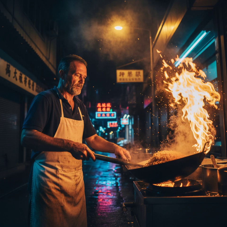 A seasoned street food chef with a rugged beard and intense focus tosses noodles vigorously in a heavy wok; a massive burst of orange flame erupts, licking upwards and illuminating his weathered face. Steam and smoke swirl around him in thick layers while sparks fly from the pan. His eyes blink through the heat as the muscles in his arms tense with the movement. The camera executes a tracking shot starting from the sizzling food, panning up to his face, followed by a subtle slow-motion zoom-in as the flame reaches its peak. The scene is set in a moody cyberpunk alleyway at night, with raindrops glistening on the wet asphalt reflecting vibrant neon signs in cyan and magenta. Volumetric lighting from a street lamp pierces through the heavy cooking haze. 4k, 60fps, slow motion, motion blur, highly detailed, realistic texture, cinematic color grading, volumetric lighting, photorealistic.