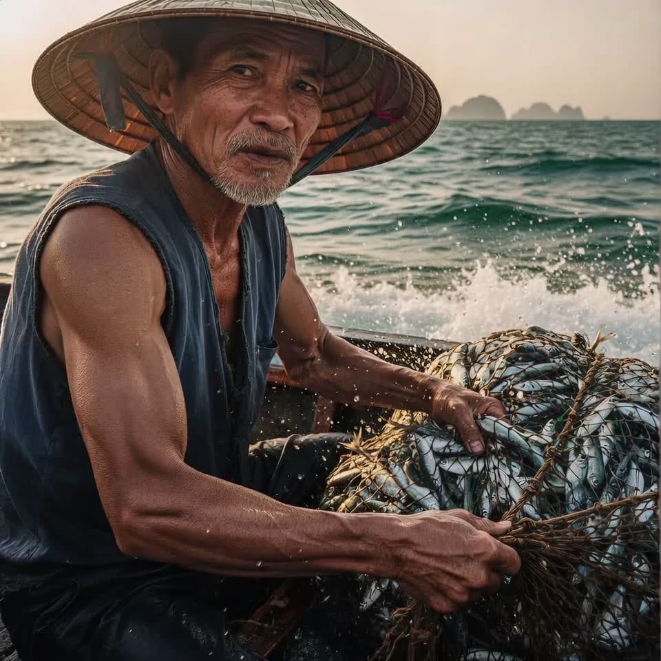 A weathered elderly fisherman with deep wrinkles and sun-kissed skin hauls a heavy rope net teeming with shimmering, flopping silver fish onto the wooden boat. Water droplets and sea spray explode from the mesh net, catching the golden hour light as the fish thrash energetically. The fisherman's muscular arms tense with the strain, his chest heaving slightly as he blinks against the salt mist. The camera executes a dynamic low-angle tracking shot that slowly zooms in on his determined expression, incorporating a subtle handheld shake to simulate the rocking motion of the boat on the turbulent turquoise waves. In the background, distant limestone islands sit under a hazy sun, with light glinting off the water's surface. 4k, 60fps, slow motion splashes, highly detailed skin textures, cinematic color grading, volumetric lighting, photorealistic.