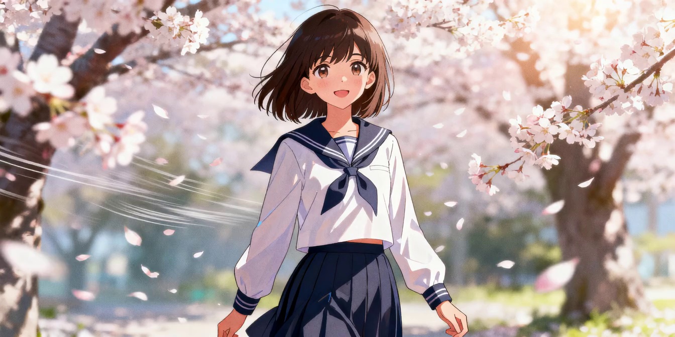 Anime cinematic shot. The camera tracks backward as the girl walks forward with a bounce in her step, humming a tune. Suddenly, she spots a familiar face in the distance. Her eyes light up with excitement, and she waves her hand enthusiastically, calling out. A strong gust of spring wind swirls the cherry blossom petals around her, blowing her hair and sailor uniform skirt dynamically. 4k, vibrant colors, romantic atmosphere.