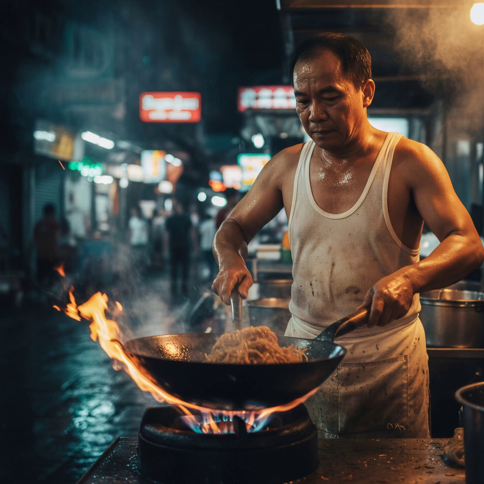 Middle-aged street food chef in a white tank top vigorously stir-frying noodles in a seasoned wok, intense orange flames leaping from the burner and flickering dynamically, thick white steam and smoke billowing and swirling around his sweating face, glistening sweat droplets trickling down his skin. Cinematic slow zoom-in with subtle handheld camera shake, shallow depth of field with blurred neon city signs and distant crowd movement in the background. Gritty night market atmosphere, volumetric lighting, 4k, 60fps, slow motion, cinematic color grading, photorealistic textures.