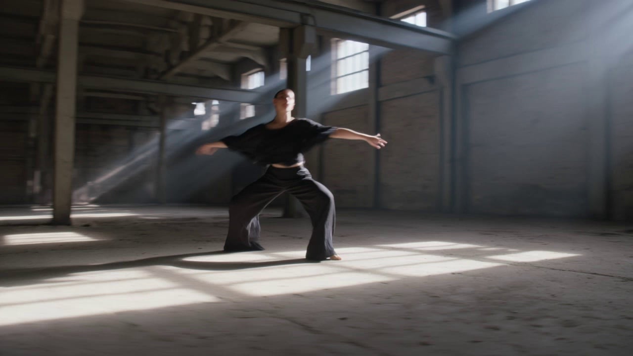 A contemporary dancer in flowing charcoal attire performing high-velocity pirouettes and expressive floor-work transitions within a cavernous, industrial abandoned warehouse. A fast 360-degree orbital tracking shot circles the performer as dust motes dance in volumetric God rays piercing through high, cracked windows. High-contrast cinematic lighting with deep shadows, shot on 35mm film, shallow depth of field, fluid motion dynamics with trailing fabric textures and sharp focus on the subject's athletic form.