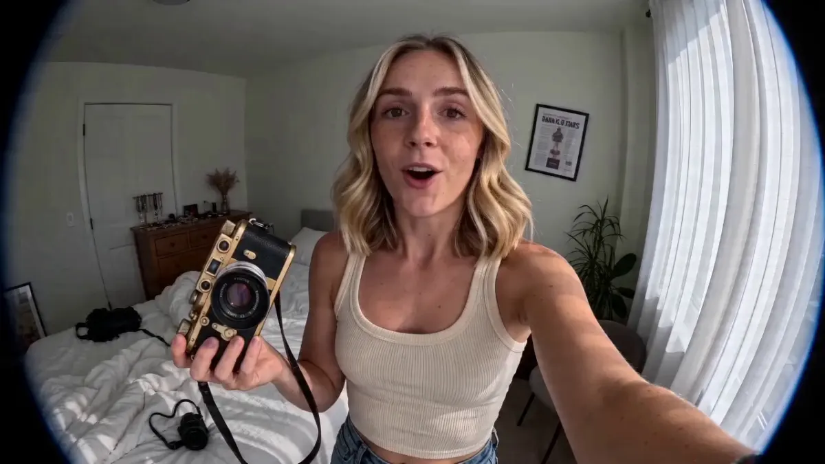 A hyper-realistic UGC-style medium close-up of a woman in her late 20s standing in her sunlit bedroom in front of a slightly messy bed with white linen sheets, filmed vertically as if she's holding her phone at arm's length for a TikTok or Instagram Reel; she has shoulder-length honey blonde waves, light freckles, natural glowy skin with minimal makeup, wearing a cream ribbed tank top and high-waisted jeans, holding up a compact mirrorless camera on [Image1] in one hand close to the lens so it's clearly visible, her expression bright and genuine — not overly polished — as she says directly to the camera: "Okay I never do this, but I genuinely have to talk about this camera — I've had it for three weeks and it has not left my bag, the photos look like film straight out of it, no editing, and it literally fits in my jacket pocket"; she then turns the camera around to briefly show its compact size against her hand, the background featuring a wooden dresser with scattered jewelry, a small vase of dried flowers, soft morning light pouring through sheer white curtains, a framed poster slightly crooked on the wall, and a houseplant in the corner, all captured with the slightly wider phone-lens distortion, natural skin texture including pores, subtle handheld shake, ambient room tone, and unfiltered warm color grading that feels like an authentic creator review rather than a produced advertisement.