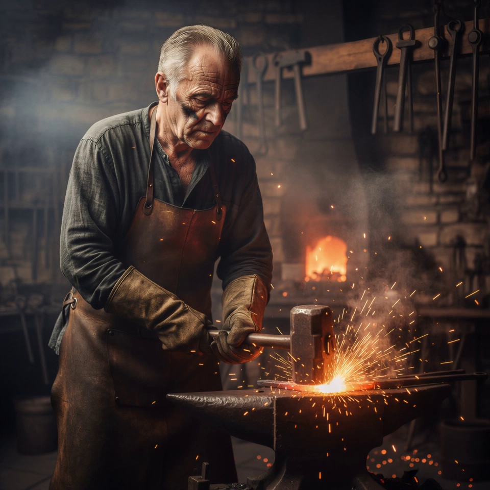 The weathered blacksmith strikes the glowing orange iron with a heavy hammer, creating a violent eruption of brilliant sparks that spray across the frame in slow motion. His focused face, smeared with soot and sweat, shows subtle muscular exertion as he breathes, while thick wisps of smoke rise from the anvil and drift through the dark workshop rafters. The camera performs a cinematic slow-motion zoom-in towards the point of impact, accompanied by a subtle handheld camera shake to emphasize the power of the blow. Volumetric lighting from the forge flickers in the background, illuminating hanging metal tools and floating embers. 4k, 60fps, photorealistic textures, cinematic color grading, high-speed photography, motion blur.