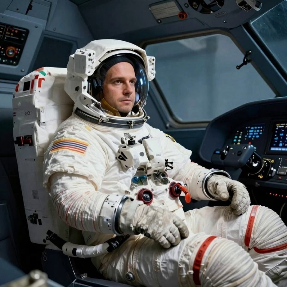 The astronaut sits in the spacecraft cockpit, slowly turning his head to gaze out the window. The control panel lights blink and flicker with colorful indicators. Subtle vibrations run through the cabin as the spacecraft moves through space. Light from outside the window shifts gradually across his visor and suit, creating moving reflections. His gloved hands adjust slightly on the controls. The helmet visor catches a faint reflection of stars passing by. Cinematic, sci-fi atmosphere, realistic lighting