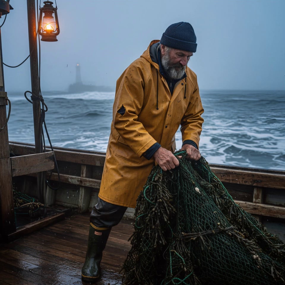 Weathered elderly fisherman in a yellow raincoat and navy beanie, hands tightly gripping and hauling a heavy green fishing net filled with seaweed and ocean debris. The fisherman's body heaves with effort, muscles in his arms tensing as he pulls the net onto the wet wooden deck; his breath is visible in the cold air, and his eyes squint against the salt spray. Subtle handheld camera shake to simulate the rocking motion of the boat, combined with a slow dolly-in towards the fisherman's focused expression. Heavy sea mist swirling around the boat, choppy waves with white foam crashing in the background, the orange flame inside the vintage lantern flickering and casting a warm glow, and the distant lighthouse beam cutting through the dense fog. 4k, 60fps, cinematic lighting, realistic textures, volumetric fog, highly detailed, photorealistic, motion blur.