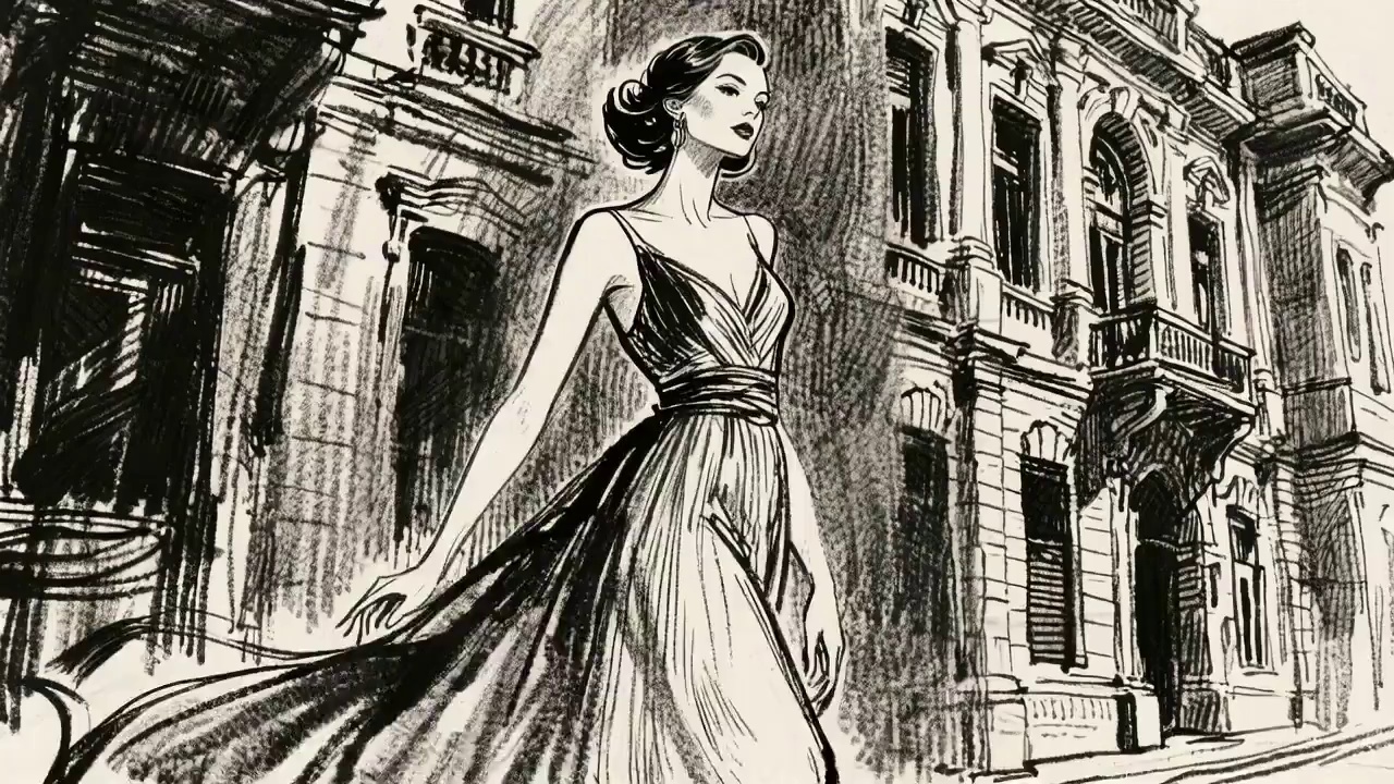 The camera slightly pulls back to reveal a full view of the street and follows the female lead as she moves. The wind flutters her skirt as she walks down a 19th-century London street. As she continues walking, a steam car drives up from the right side of the street, quickly passing by her. The wind lifts her skirt, and with a shocked expression on her face, she hurriedly uses both hands to hold it down. Background sounds include footsteps, crowd noise, car noises etc.