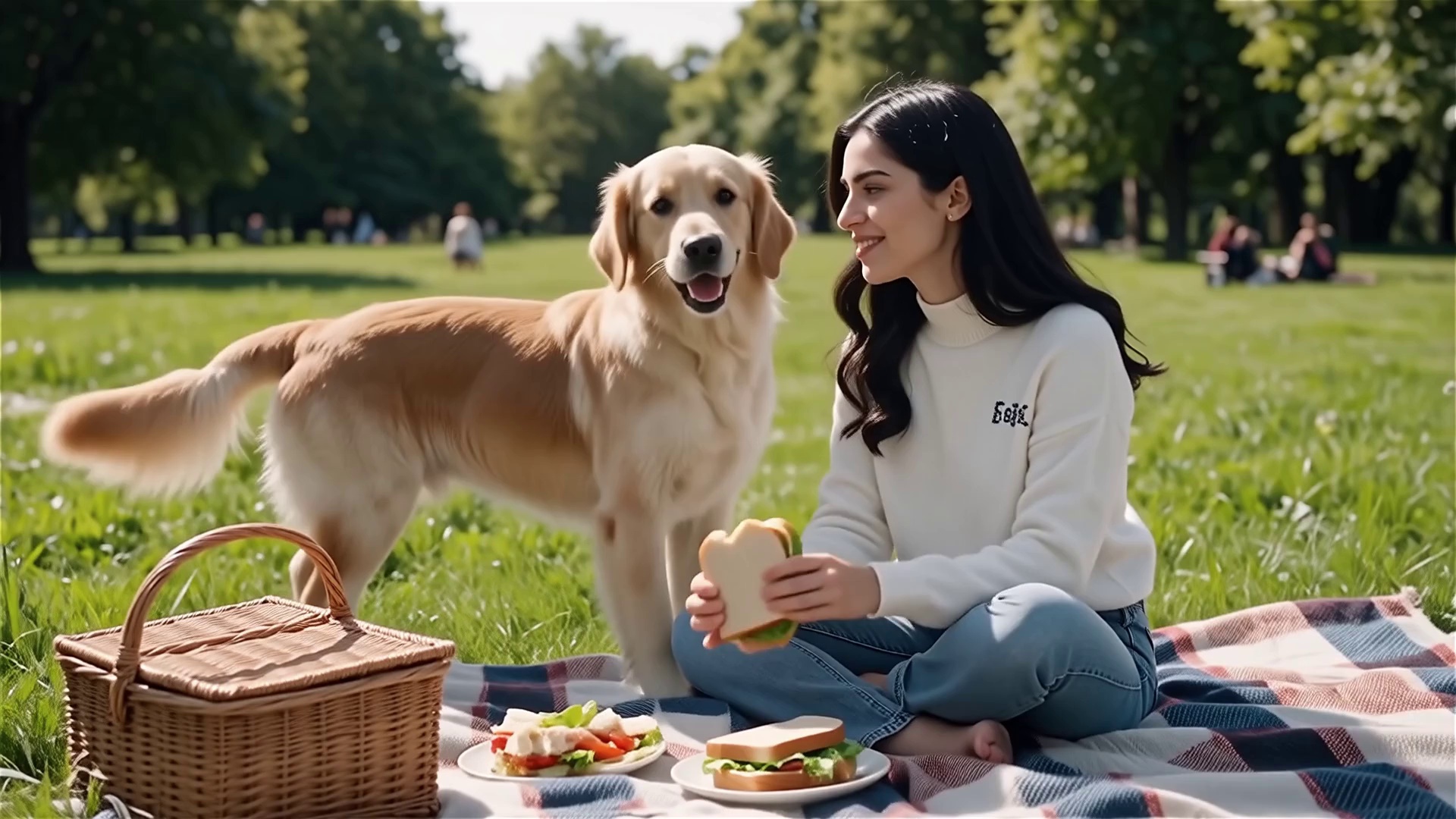 a girl is having a picnic on the grass in a park. The sun is shining brightly, and the atmosphere is refreshing. a dog is running happily on the grass, and the camera follows its movements.
