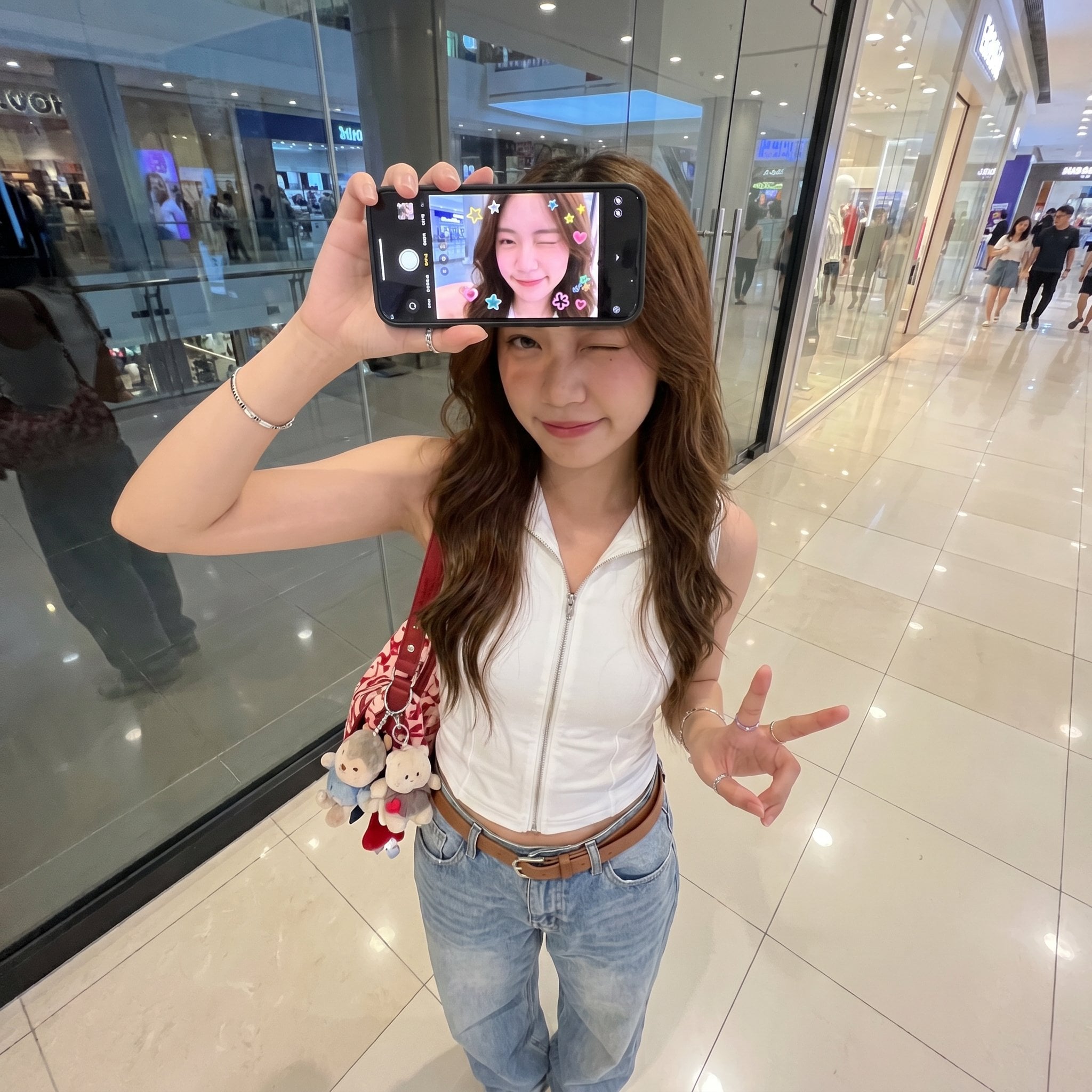 Ultra-realistic iPhone creative portrait, identity preserved exactly from reference image.  Young woman standing indoors in front of a glass storefront or reflective wall, photographed from a slightly high front angle. She holds a smartphone horizontally directly in front of her face, covering her eyes and upper face in real life. The phone screen faces the camera and clearly shows a live camera/photo view of her face.  Composition: The real woman is visible behind the phone, but her face is mostly hidden by the horizontal phone. On the phone screen, her face appears clearly centered, smiling softly and winking. The phone acts like a frame within the frame. Her hand grips the top edge of the phone, fingers visible across the top.  Pose: One hand holds the phone horizontally across her face. Her other hand is lower near her waist making a peace sign or casual gesture. She stands relaxed, facing camera.  Outfit: White fitted zip-front sleeveless top, loose light-wash baggy jeans, brown belt, playful accessories, rings, bracelet, red-and-white shoulder bag, small plush/keychain accessories hanging from bag or belt.  Phone screen details: The phone screen shows a clean live-camera image of her face with a wink and soft smile. Add cute sticker-style doodles around the screen/photo area: small colorful sparkles, stars, flower sticker near the face. The stickers should look like playful phone-camera decoration, not random floating objects.  Environment: Indoor mall/storefront area with glass doors, reflections, polished floor, soft daylight mixed with indoor light, casual streetwear snapshot vibe.  Camera + lighting: 0.5x iPhone wide-angle photo, close candid framing, realistic reflections on glass and phone screen, slight distortion on hands, raw social-media feel.  Important: Match the phone-covering-face composition, horizontal phone screen showing her face, wink expression on screen, hand gripping phone, playful stickers, white zip top, baggy jeans, accessories, and indoor glass background closely.  Natural skin texture, realistic screen reflections, no beauty filter, no smoothing. 4K vertical 9:16.