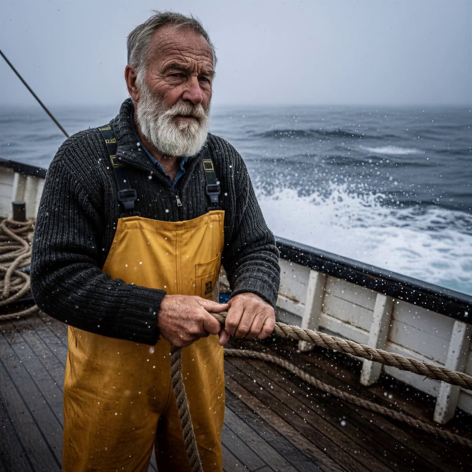 A weathered elderly fisherman with a thick white beard and intense gaze, wearing a heavy-knit grey sweater and stained yellow waterproof overalls. He tightens his grip on the thick nautical rope as the boat pitches, his beard and clothing whipping violently in the gale-force wind. Massive dark waves crash against the hull in the background, sending explosive white sea spray and mist across the deck. Dramatic handheld camera shake mimics the unstable motion of the vessel, with a slow, tension-filled cinematic zoom-in focusing on his determined expression. The atmosphere is cold and moody, featuring realistic water droplets streaking across the lens, volumetric fog, and cinematic blue-grey color grading. 4k, 60fps, photorealistic, highly detailed textures, motion blur.