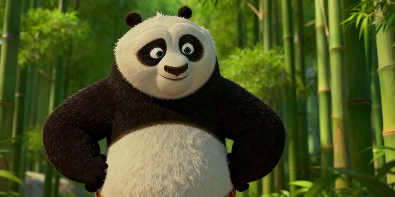 Cinematic medium shot. The camera slowly zooms in on the confident panda. He takes a deep breath, his chest expanding, enjoying the peace of the bamboo forest. Suddenly, his ears twitch and his expression shifts from a relaxed smile to intense focus as he spots a challenger off-screen. The wind picks up, blowing the bamboo leaves and his fur dynamically. 4k, high quality, 3D animation style, vibrant lighting.