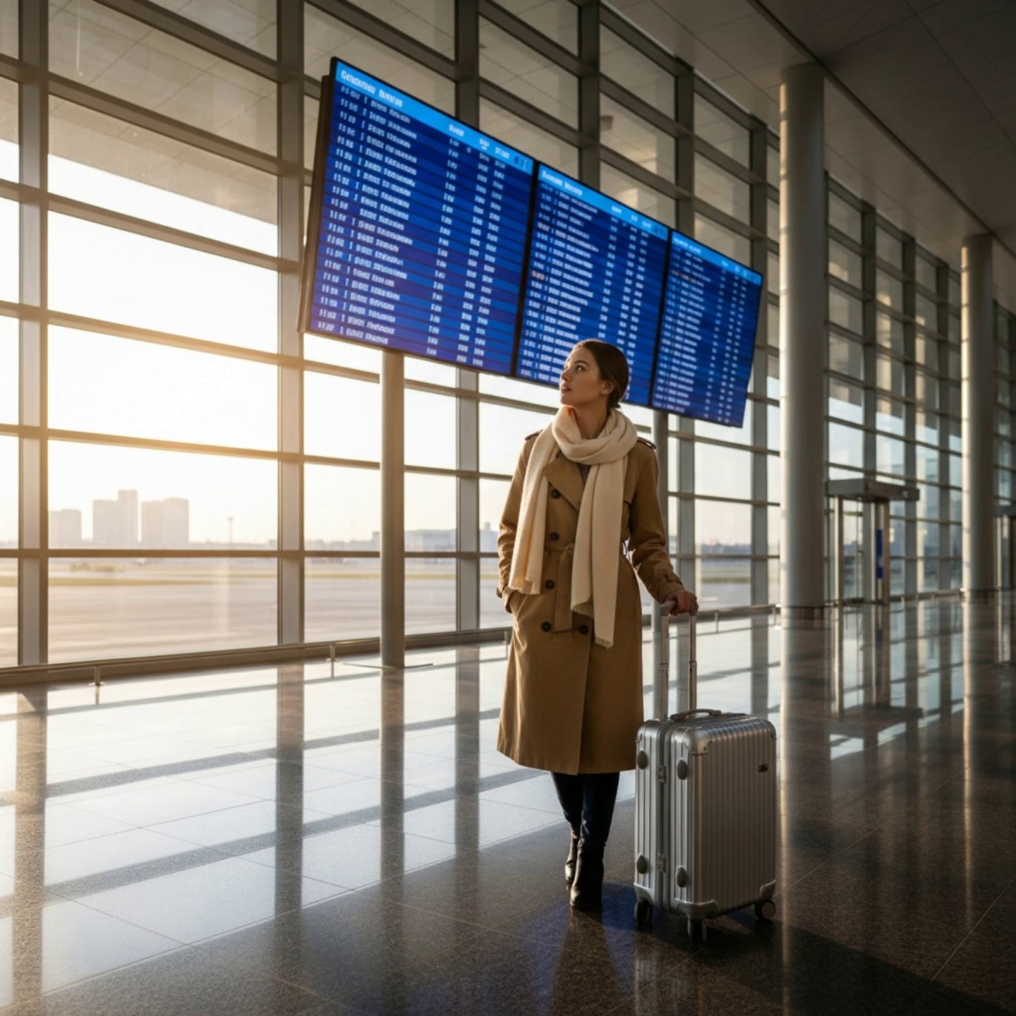 Cinematic wide shot of a young woman in an elegant tan trench coat and a thick cream wool scarf, standing in a vast, modern airport terminal. She gazes up at a massive, glowing blue digital flight departure board with a look of quiet anticipation. In her right hand, she holds the handle of a sleek, brushed-silver metallic suitcase. The camera performs a slow, smooth tracking gimbal movement, starting from a close-up of her contemplative expression and pulling back to reveal the monumental scale of the architecture. Warm, golden-hour sunlight streams through floor-to-ceiling glass windows, creating long, soft shadows and dramatic volumetric light rays that illuminate floating dust motes. In the background, the soft silhouette of a city skyline and airplanes on the tarmac are visible through a subtle atmospheric haze. The polished marble floor highly reflects the blue glow of the screens and the amber sky. As she begins to walk forward, the wheels of the suitcase spin realistically, and her coat gently billows. 4K resolution, hyper-realistic textures, 60fps, shallow depth of field with soft bokeh, cinematic color grading, warm highlights contrasting with deep blue tones, high dynamic range.