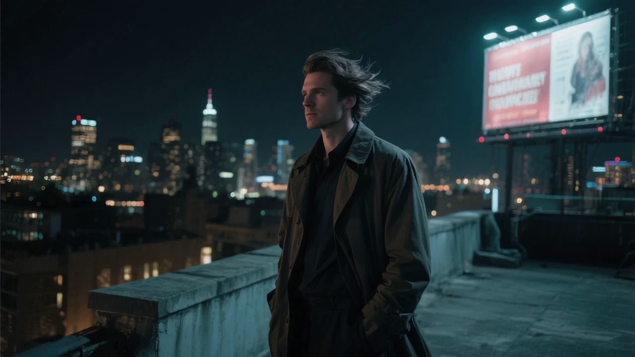 A man standing on a city rooftop at night, the skyline behind him filled with distant lights, wind blows through his coat, his face is half-lit by the glow of a nearby billboard, camera slowly pushes in on his pensive expression, realistic skin and lighting effects.