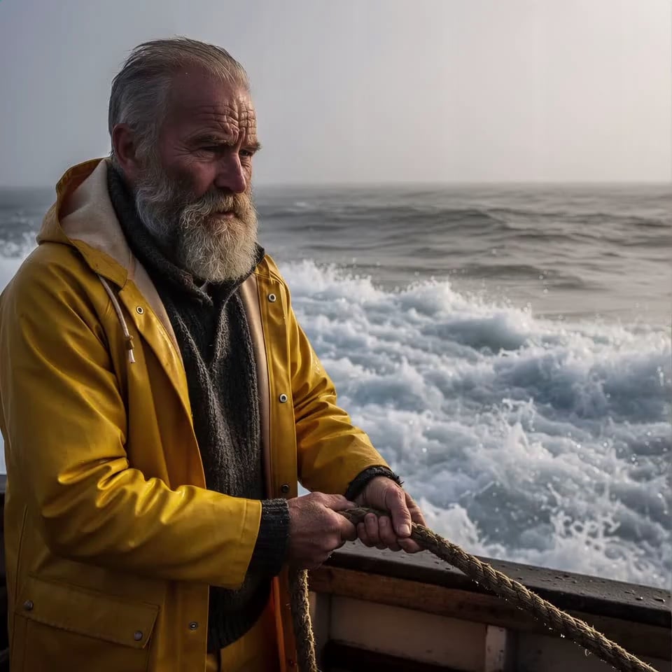 Weathered elderly fisherman in a bright yellow raincoat grips and pulls a thick, brine-soaked rope with straining effort; sea spray splashes against his wrinkled face as he blinks against the wind while the boat heaves rhythmically on the choppy, white-capped ocean waves. Handheld tracking shot with realistic camera shake, slowly zooming into the fisherman's intense, determined eyes. Misty maritime atmosphere with volumetric light filtering through dense sea fog, water droplets glistening on the raincoat's texture. 4k, 60fps, highly detailed, cinematic color grading, photorealistic, slow motion splashes.