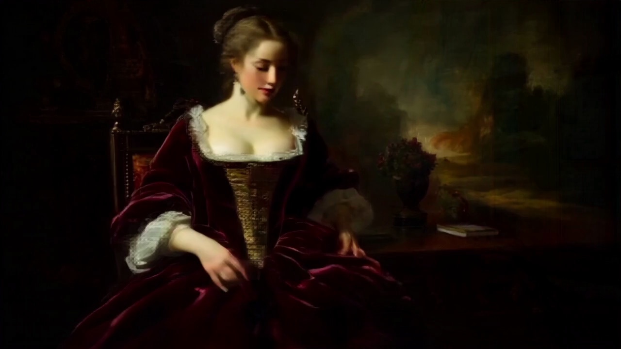 the girl walks from the painting to the room, put the coffee cup on the table
