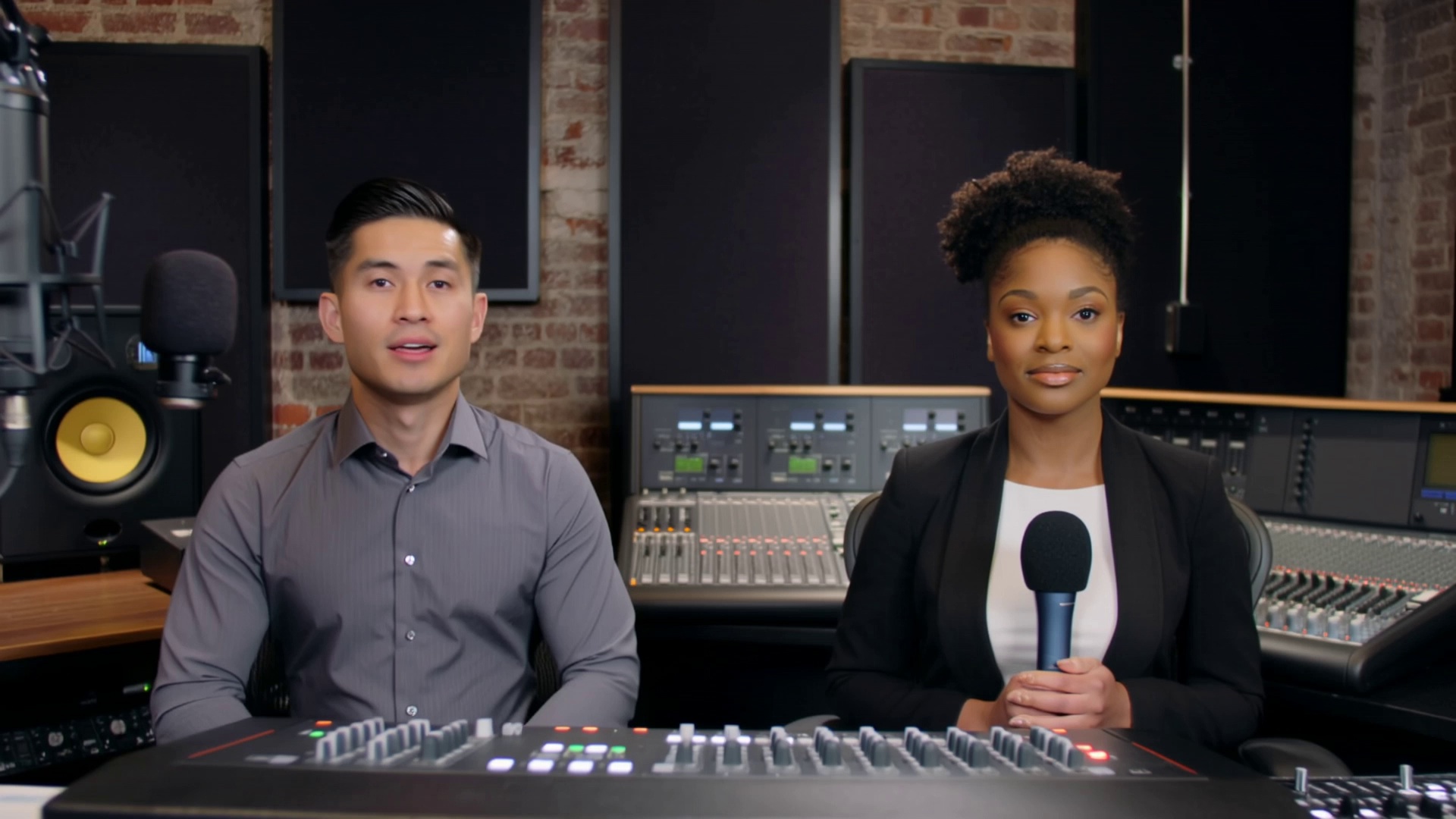 Scene: A modern industrial-style recording studio with brick walls covered in acoustic panels and fully equipped audio gear.
Subject: A 30-year-old American male host sits speaking into a microphone, while across from him a Black female guest holds a handheld mic.
Audio: The male host, calm and steady voice, says:
"Today we're excited to have Dr. Sarah Miller from Stanford AI Lab. Sarah, your research on neural networks is groundbreaking."
Immediately, the female guest, warm gentle voice, responds:
"Thank you for having me."
Camera: The shot switches back and forth between the two speakers.