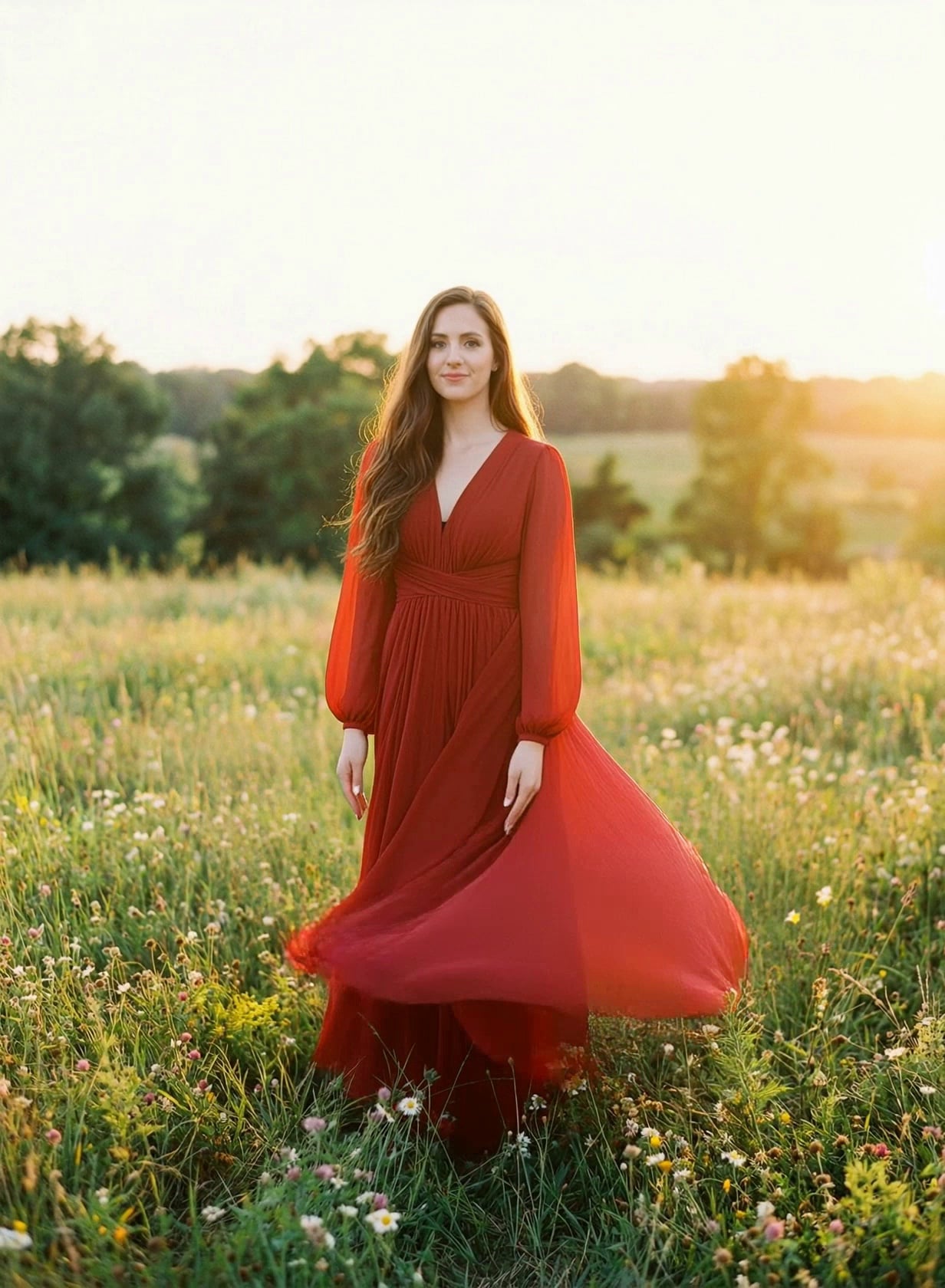 Have the girl in red perform the same actions as in the reference video.