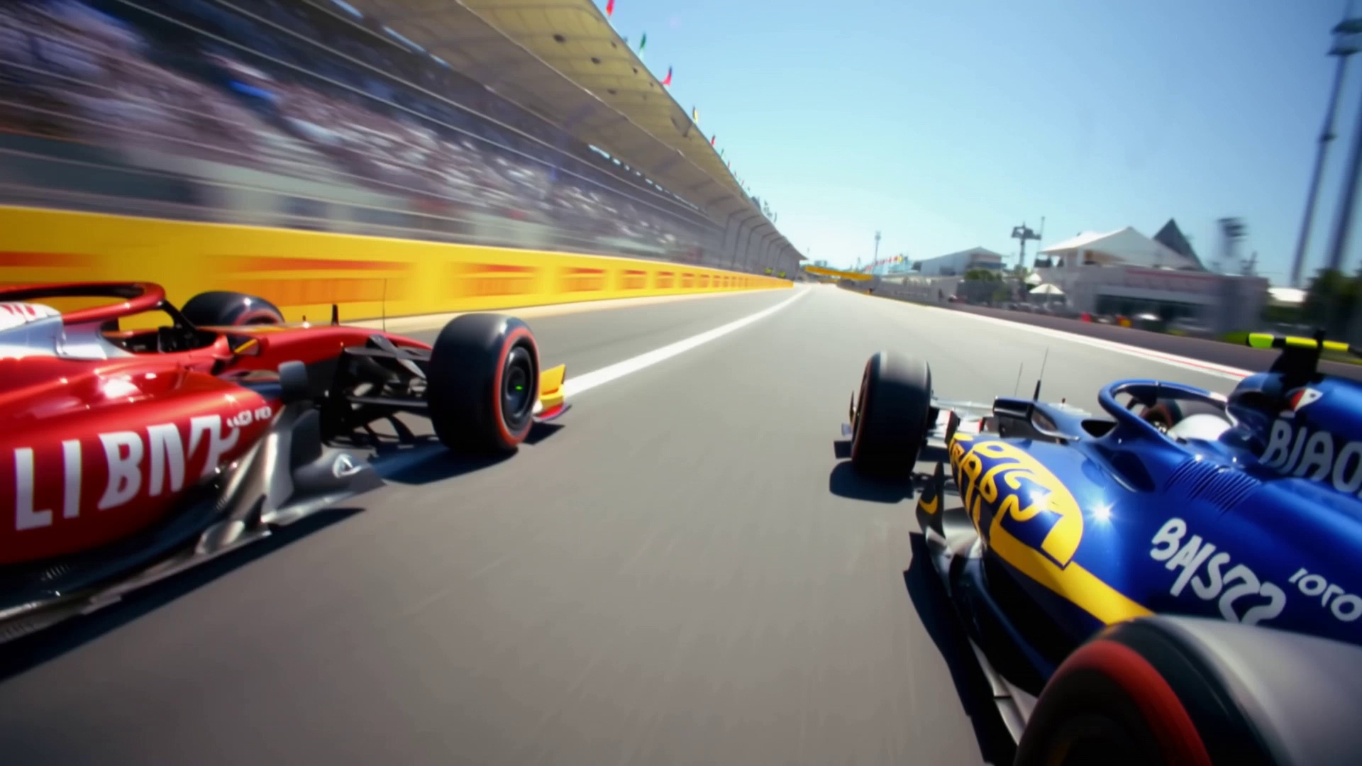 In front of the main grandstand on an F1 circuit, race cars roar past at high speed, flags along the track whipping in the wind. Two nearly side-by-side cars are sprinting toward the finish. The commentator shouts excitedly:
"Final lap! He's on the inside! Oh what a move! They are side by side to the line! Unbelievable!"
Engine roars and tire-screeching sounds fill the background. A dynamic tracking shot tightly following the two cars, capturing intense motion and adrenaline.