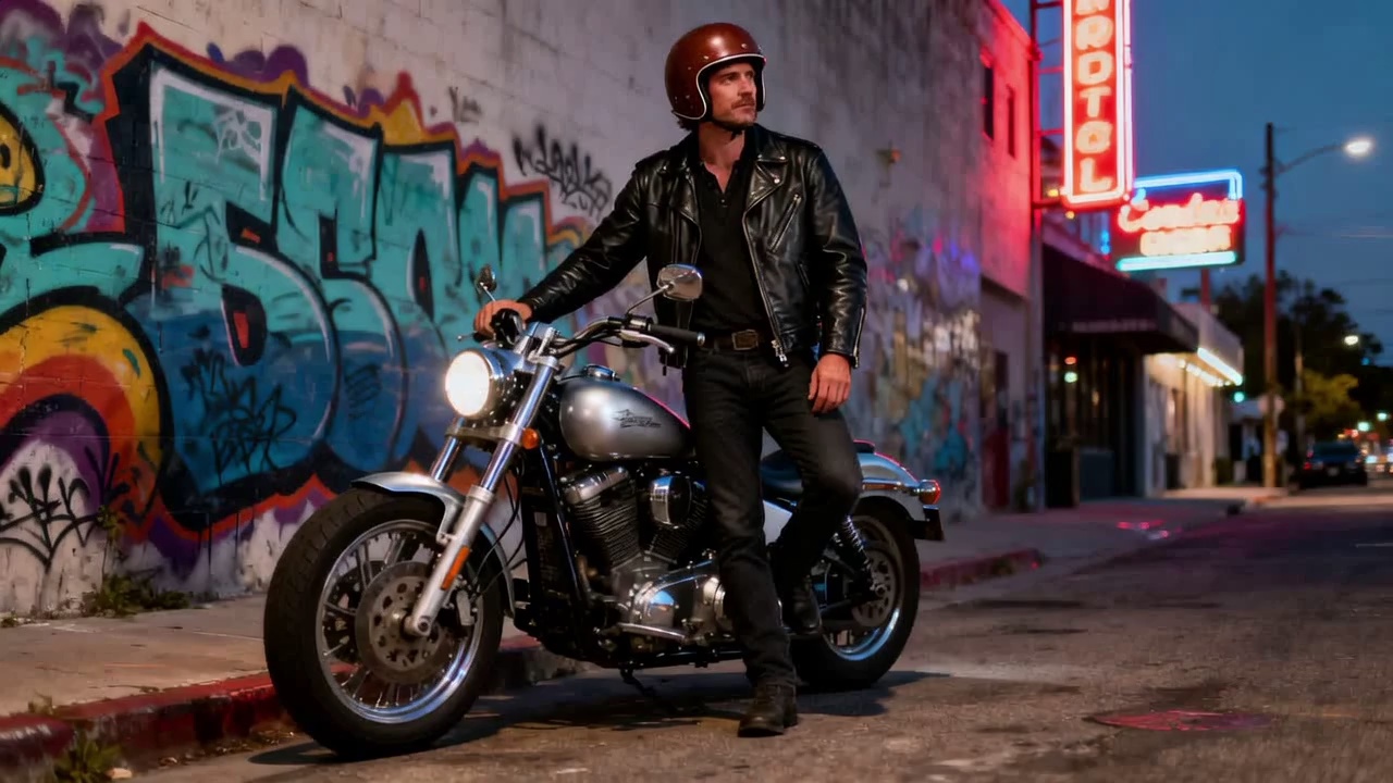 A rugged, mid-30s man with short dark hair and a weathered face rides a vintage black motorcycle at high speed through a winding mountain road at dusk. He wears a leather jacket with visible wear, gloves, and goggles pushed up on his forehead, eyes focused ahead with determination. The motorcycle kicks up dust and gravel as it curves sharply, tires screaming against the asphalt. Behind him, the sky glows with orange and purple hues, trees blur past, and distant mountains loom in shadow. Shot in cinematic action style, wide-angle, dynamic motion blur, realistic lighting, high detail, 4K resolution.