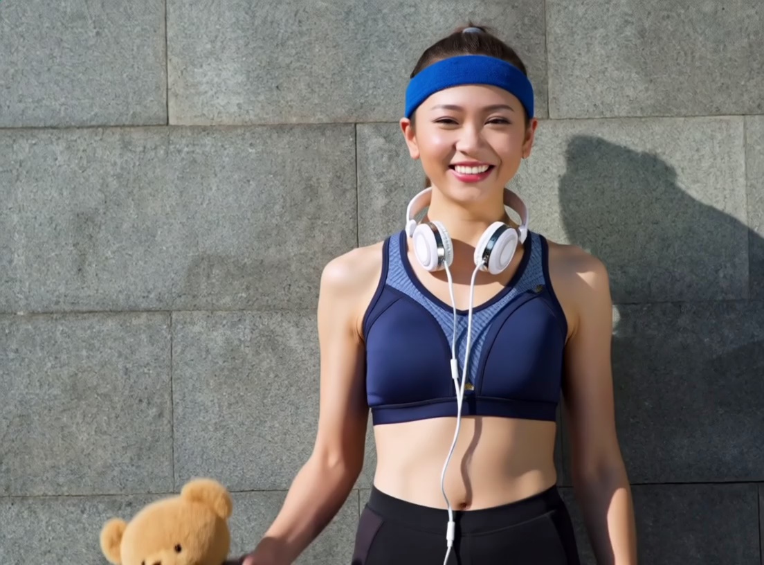 Let the woman in Picture 2 hold the teddy bear in Picture 1 and act very happy.