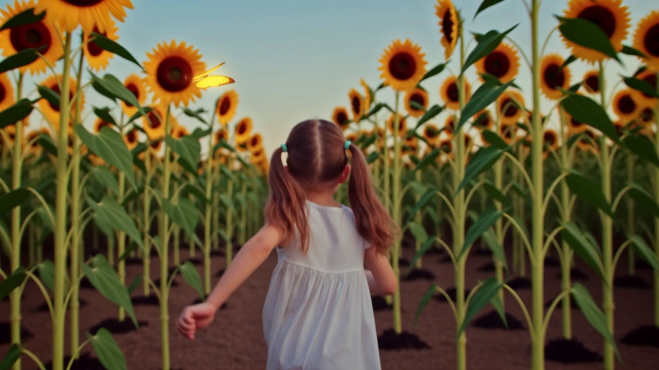 A little girl chases a glowing golden butterfly through a field of sunflowers that gradually transform into a fantastical underwater coral reef. She starts swimming instead of running, her dress flowing like jellyfish tentacles. Bioluminescent fish swirl around her. The transition from land to sea is seamless and dreamlike. Soft ethereal lighting, magic realism style.