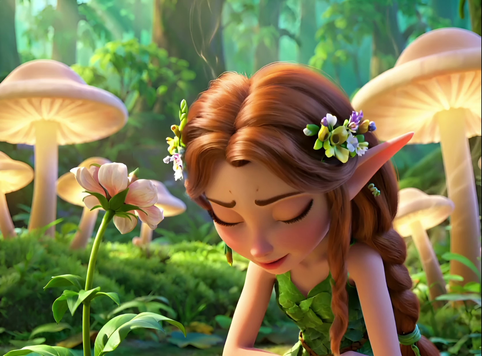 Style: Western fantasy animation, DreamWorks-style with soft realism.
Setting: deep forest at dawn, glowing mushrooms and rays of light.
Beats:
[0–2.0s] a small elf wakes, blinking in sunlight through canopy;
[2.0–4.0s] she touches a wilted flower—energy spark revives it;
[4.0–6.5s] animals gather, curious and gentle;
[6.5–8.0s] camera rises as forest glows emerald and gold.
Lighting: natural volumetric rays, slight particle bloom, ethereal tone.
Negative: no modern elements, no excessive motion blur, no shadows hiding face.