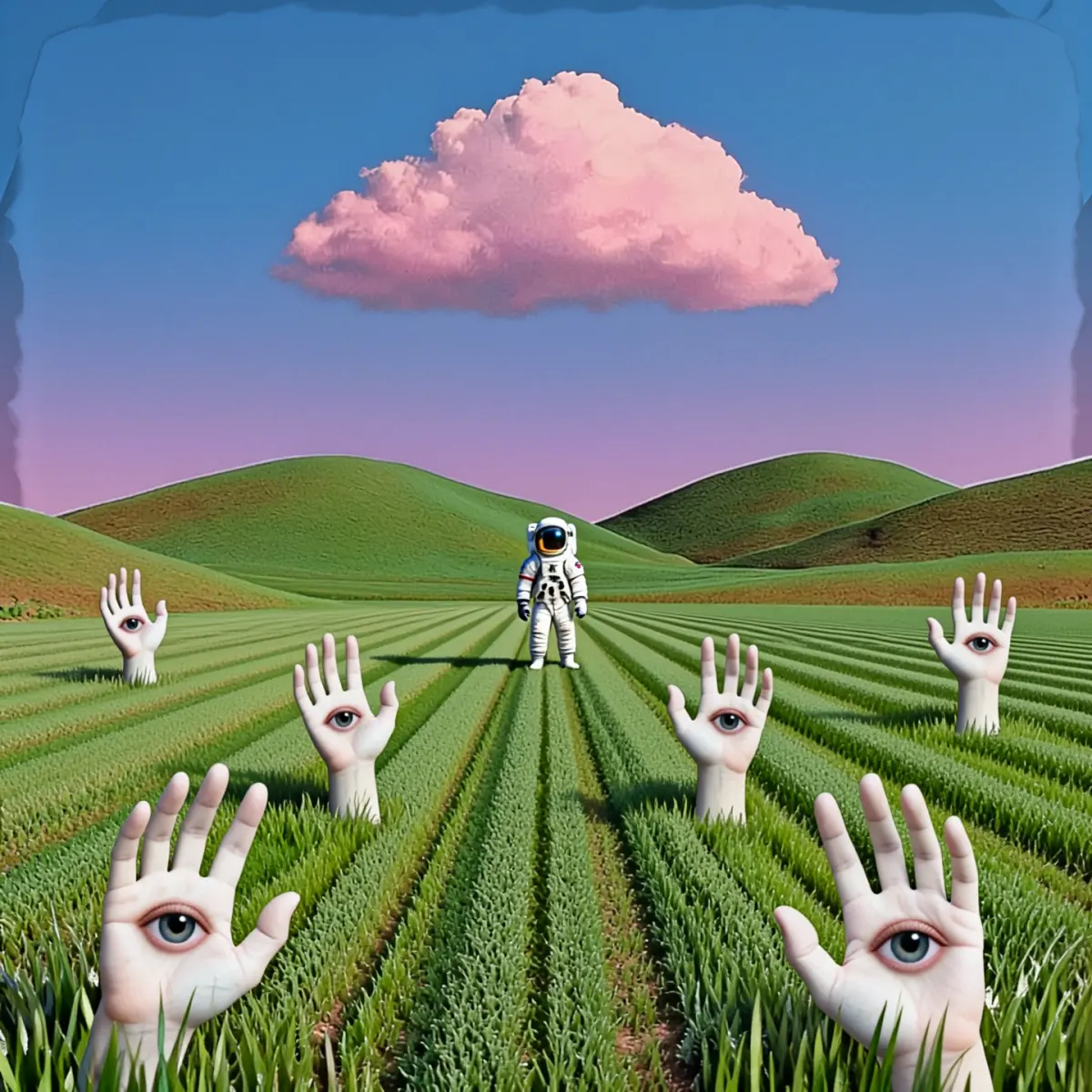 Surreal dreamcore landscape, soft focus, hazy atmosphere.
Use image1 as the reference for the overall scene: the rolling green hills, the wide striped field, the clear blue sky with a single large pink cloud, and the blue–pink color palette.
Remove the pink house in the center and replace it with a single astronaut standing front-facing in the exact middle of the field, small in scale, perfectly aligned with the central perspective lines. The spacesuit is simple and realistic, softly reflecting blue and pink light.
Add several white human hands emerging from the grass in the foreground and midground, like plants growing from the ground. Each hand has a single realistic eye on the palm, calmly staring toward the viewer.
Maintain the original minimal composition and calm mood of image1, but introduce a subtle collage feeling: slightly cut-out shapes, layered textures, edges that feel like paper collage blended into the scene.
Realistic photo style with dreamcore vibes, blue and pink tones, soft blur, gentle vignetting, light film grain, uncanny yet quiet atmosphere, no text.