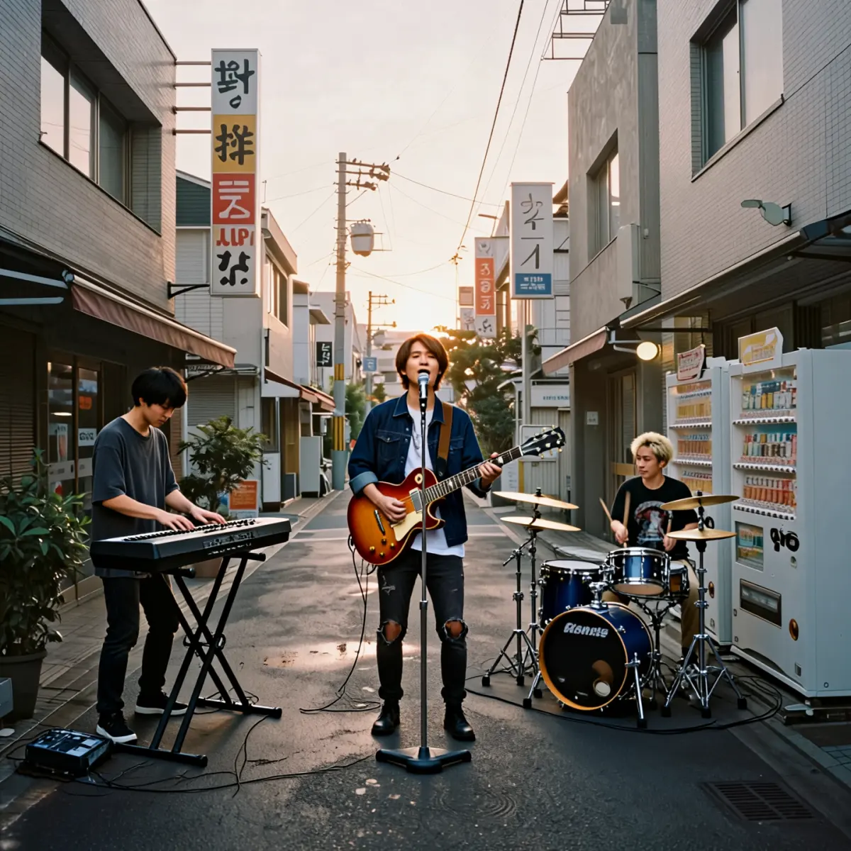 Realistic street photography in Japan at sunset, 35mm film look.
Use image1 as the reference for the alley: same buildings, shop signs, vending machines, bicycles, perspective and warm evening light on the wet pavement.
Replace the single person in the center with a three-member Japanese band performing in the street.
On the left side of the alley, place a keyboard player standing behind a portable electronic keyboard on a stand.
In the center, place the guitarist who is also the lead singer, facing the camera slightly, holding an electric guitar and singing into a microphone stand.
On the right side, near the vending machines, place the drummer sitting behind a compact drum kit.
Keep their outfits casual and modern, like an indie band.
Preserve the original color tones and soft lighting of image1, natural lens perspective, shallow contrast, subtle grain, realistic candid street photo style, no added text.