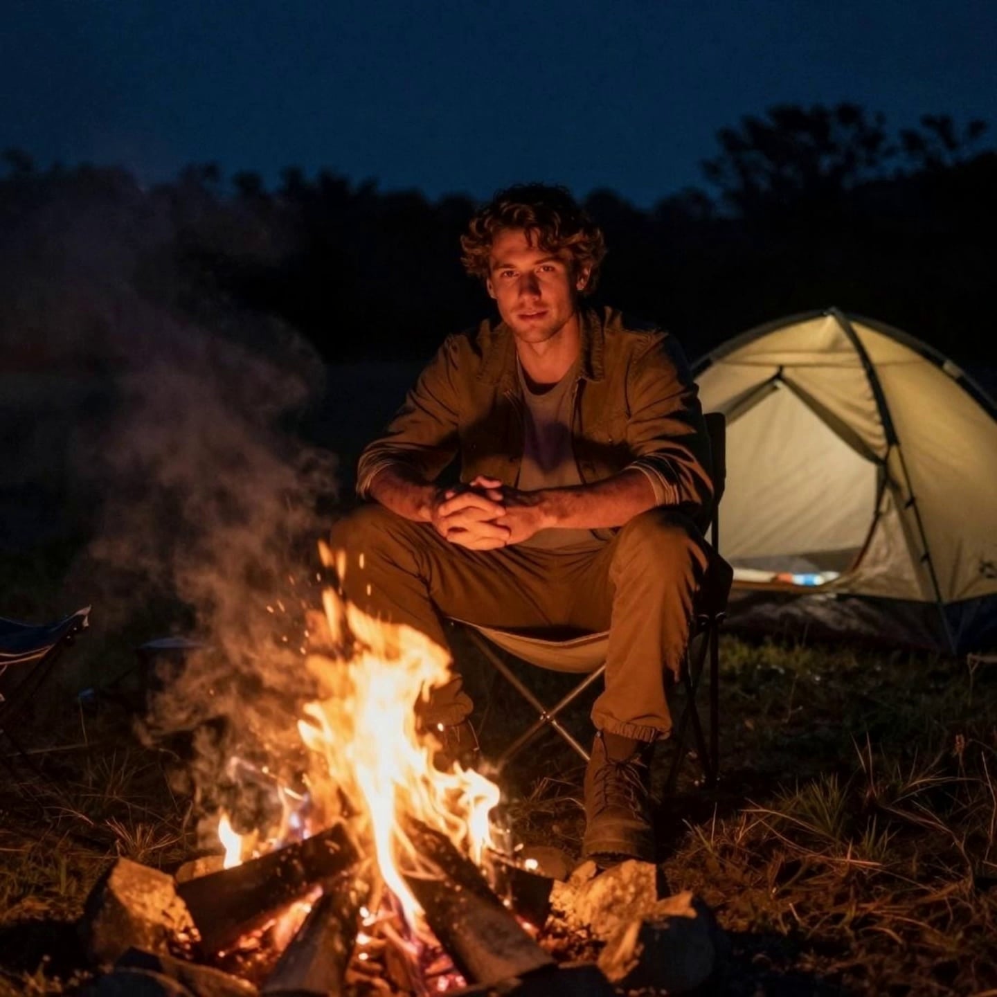 Cinematic slow-motion shot of a man sitting in a camping chair by a crackling campfire at night, flames licking upward with glowing embers floating into the twilight sky, wisps of smoke curling and dissipating, firelight casting warm flickering reflections on his brown jacket, the illuminated tent gently swaying in the background breeze, shallow depth of field, atmospheric outdoor scene, film grain, natural ambient sounds