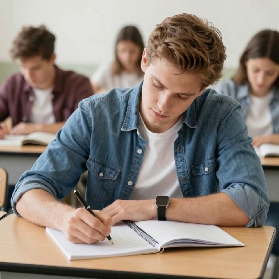 The young man in the denim shirt focuses intently on his notebook, his right hand moving steadily as he writes line by line with a black pen. His fingers grip the pen with slight natural adjustments. He occasionally pauses briefly, tilting his head slightly as if thinking, then resumes writing. The pages of the spiral notebook shift subtly with the pressure of his hand. In the blurred background, other students are also quietly studying, with minimal movement — turning a page, shifting posture. Soft, natural classroom lighting with gentle ambient sounds. Smooth, realistic motion, cinematic shallow depth of field. 4K, 24fps.