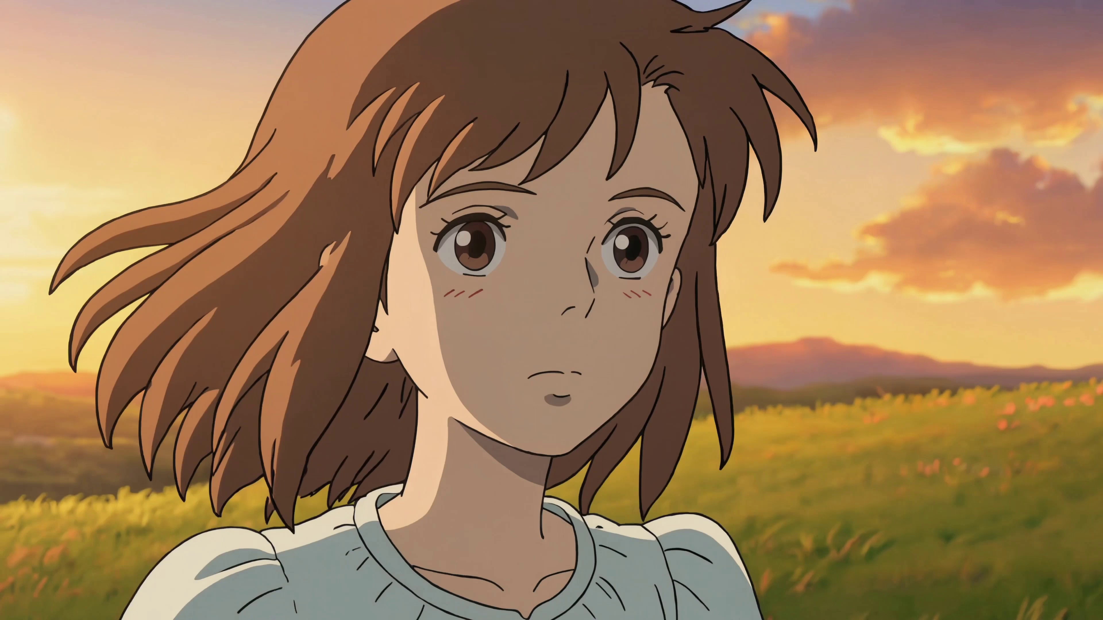 A soft anime-style girl standing in a field.  
Hair gently flowing in the wind, blinking slowly.  
Camera: static close-up, slight breathing motion.  
Lighting: warm sunset glow.  
Style: Studio Ghibli inspired, soft shading.  
Loopable animation, seamless.  
6s, smooth loop.