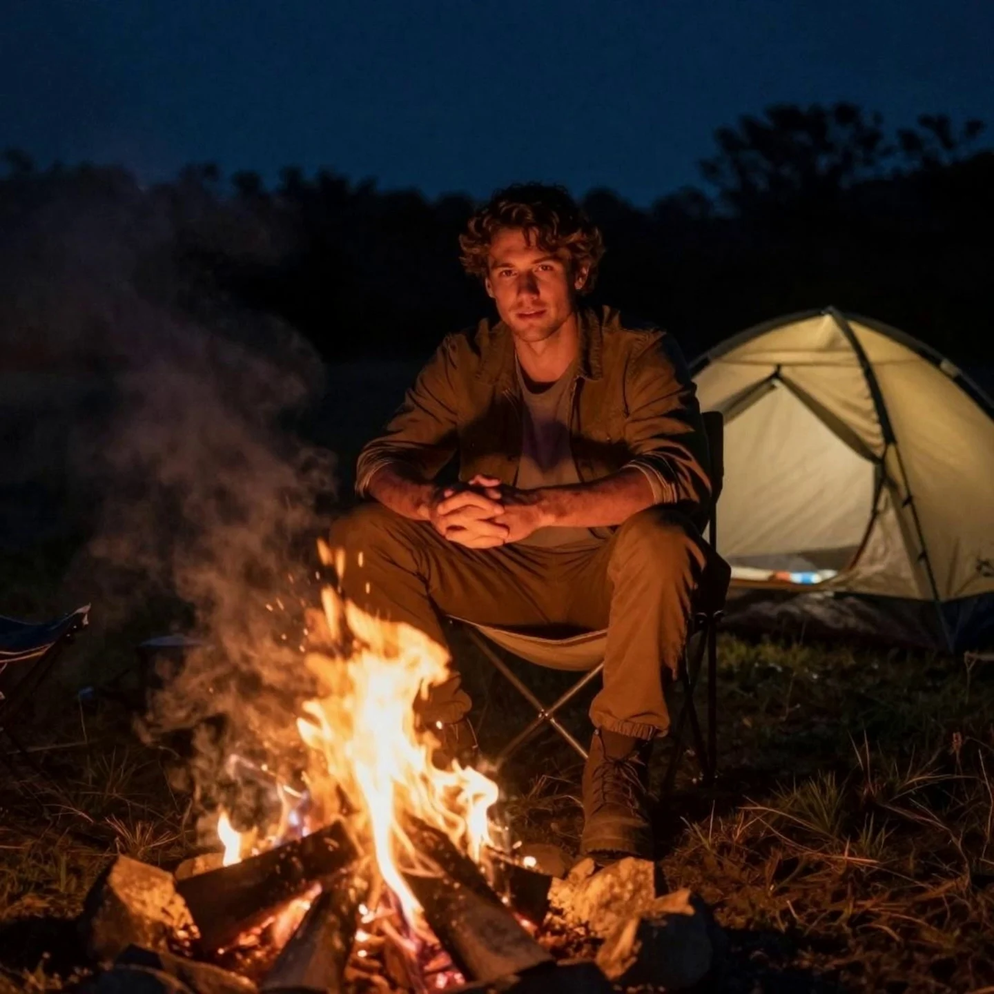 Cinematic slow-motion shot of a man sitting in a camping chair by a crackling campfire at night, flames licking upward with glowing embers floating into the twilight sky, wisps of smoke curling and dissipating, firelight casting warm flickering reflections on his brown jacket, the illuminated tent gently swaying in the background breeze, shallow depth of field, atmospheric outdoor scene, film grain, natural ambient sounds