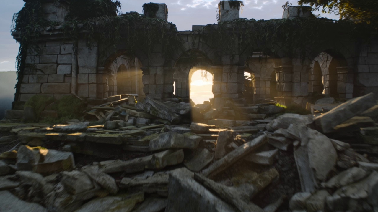 Cinematic drone shot flying through ancient stone ruins covered in moss and vines at golden hour. Camera starts low, rises through crumbling archways, revealing a vast misty valley beyond. Volumetric light rays pierce through gaps in the stone. Epic scale, photorealistic, 8K quality.
