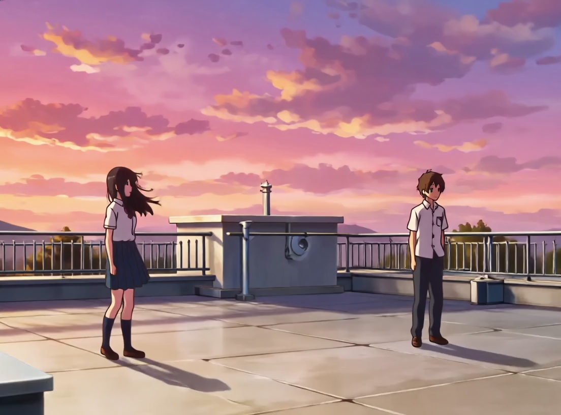 Style: anime, hand-drawn aesthetic, emotional lighting.
Setting: high-school rooftop at sunset, wind blowing.
Beats:
[0–2.0s] two students stand apart, sky painted orange;
[2.0–3.8s] girl’s hair and skirt sway, eyes shimmering;
[3.8–5.0s] she smiles, mouths “thank you” as petals drift away.
Lighting: soft sunset gradient, rim light on hair strands, cinematic depth.
Negative: no crowd, no modern city ads, no noise artifacts.