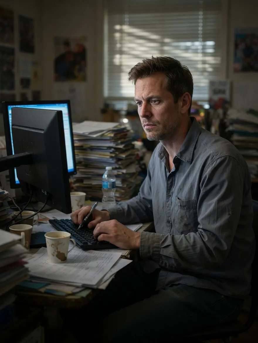 Let the man in the Figure sits at a cluttered desk in a dimly lit office, surrounded by stacks of papers, half-empty coffee cups, and a blinking computer monitor. He wears a worn gray button-up shirt and dark trousers, with one hand resting on the keyboard and the other gripping a pen. His expression is weary but focused, eyes fixed on the screen as if deep in thought or solving a complex problem. Natural light filters through blinds, casting soft shadows across the room. The office has a lived-in feel—posters on the wall, a water bottle on the desk, and a faint smell of stale coffee. Medium shot, eye-level perspective, realistic lighting, detailed textures, naturalistic atmosphere.