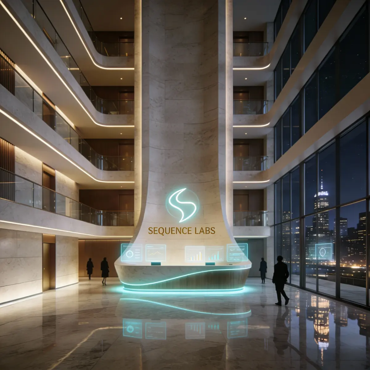 Edit this image into a futuristic tech headquarters lobby at night.
Keep the original architecture, marble materials, curved reception desk, and overall perspective, as well as the city skyline visible through the glass.
Transform the glowing logo on the central column into a sleek holographic emblem and add the golden brand name ‘SEQUENCE LABS’ subtly integrated beneath it in clean sans-serif typography, sharp and legible.
Add a few translucent holographic information panels floating near the reception desk and along the balconies, showing minimal graphs and icons without readable detailed text.
Slightly intensify the warm indirect lighting and add soft cyan accents to the holograms, reflections on the floor, and edges of the columns, while preserving a realistic photographic look.
Keep the people as elegant silhouettes in business attire, walking or talking, not the main focus.
Overall mood: premium, minimalist, cinematic tech-company lobby, 4K, no extra clutter.