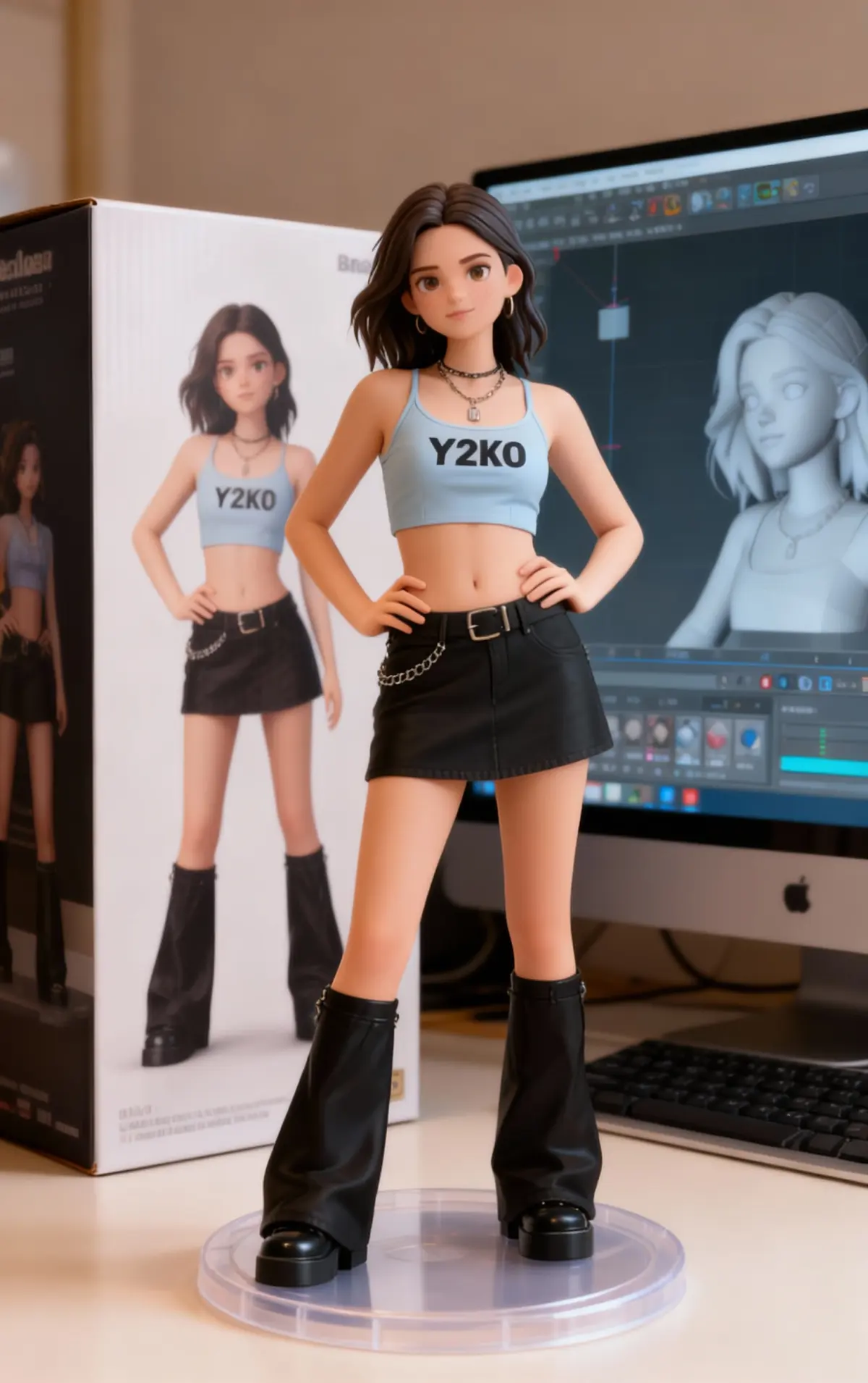 Turn this photo into a character figure. Behind it, place a box with the character's image printed on it, and a computer showing the Blender modeling process on its screen. In front of the box, add a round plastic base with the character figure standing on it. Set the scene indoors if possible.