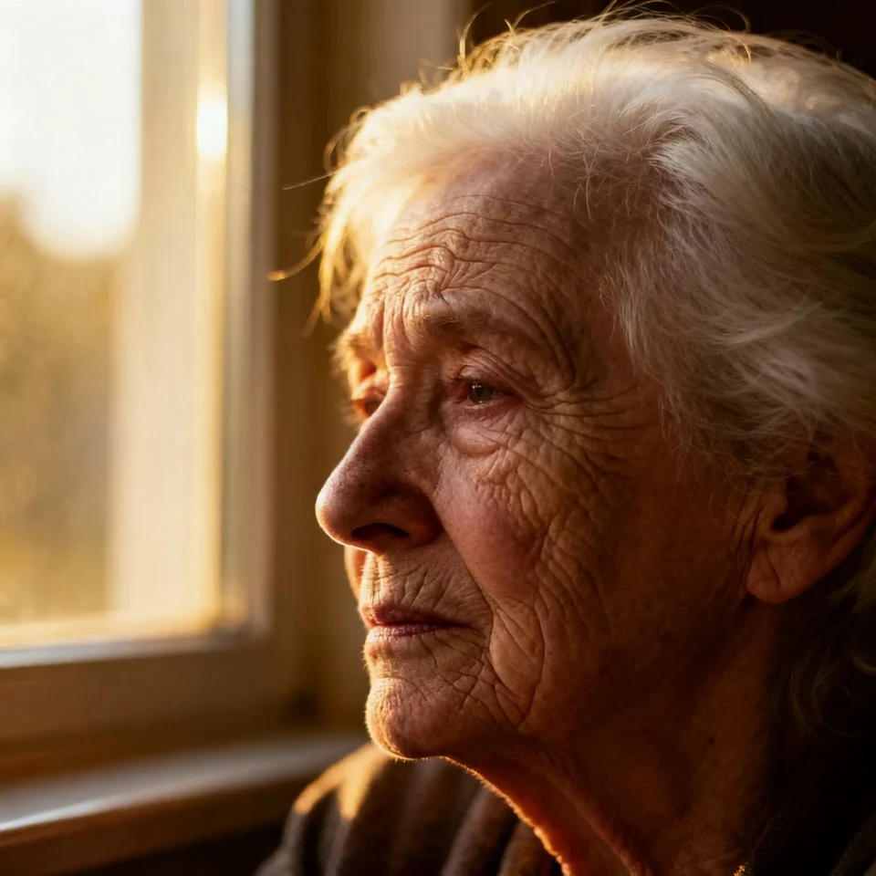 A gentle smile slowly forms on the old woman's lips, and her eyes soften. Through a smooth cross-dissolve, her face seamlessly transforms, aging backward into her younger self.