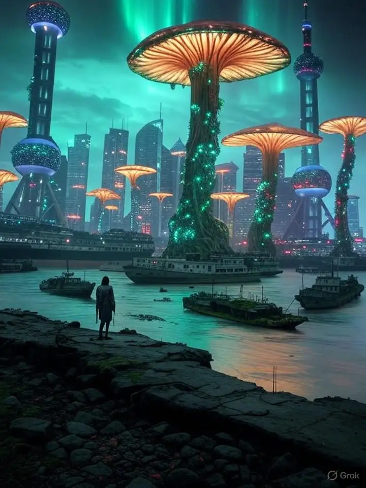 Dramatic panoramic view of Shanghai Bund 200 years after apocalypse, iconic skyline completely overtaken by massive glowing mushrooms and vines, Oriental Pearl Tower wrapped in bioluminescent flora, aurora borealis in the sky, abandoned ships floating in the Huangpu River covered in moss, lone figure standing on the bund, emotional and hauntingly beautiful, hyper-realistic, 8K