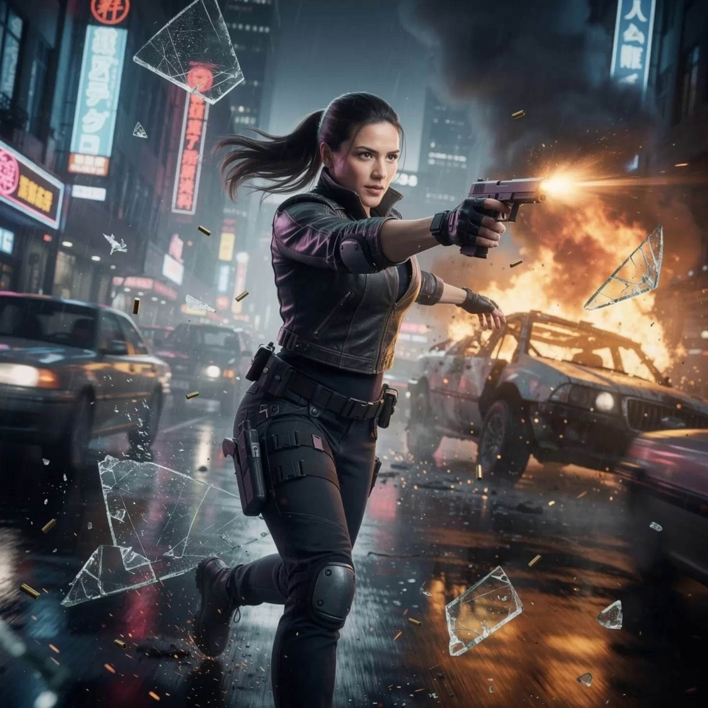 She is running through a neon-lit cyberpunk market. First, she is seen sprinting towards the camera under blue neon lights, expression fierce. Then, the camera pans to follow her as she leaps over a stall into a dark, steamy alleyway lit by red lanterns. Throughout the dynamic movement and lighting shift from blue to red, her facial features, hairstyle, and tactical outfit remain perfectly consistent and recognizable.